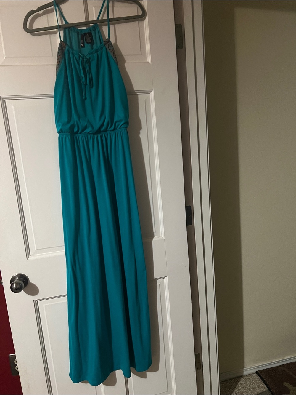 Ultra Flirt Teal Halter-Style Maxi Dress with Tie Neck